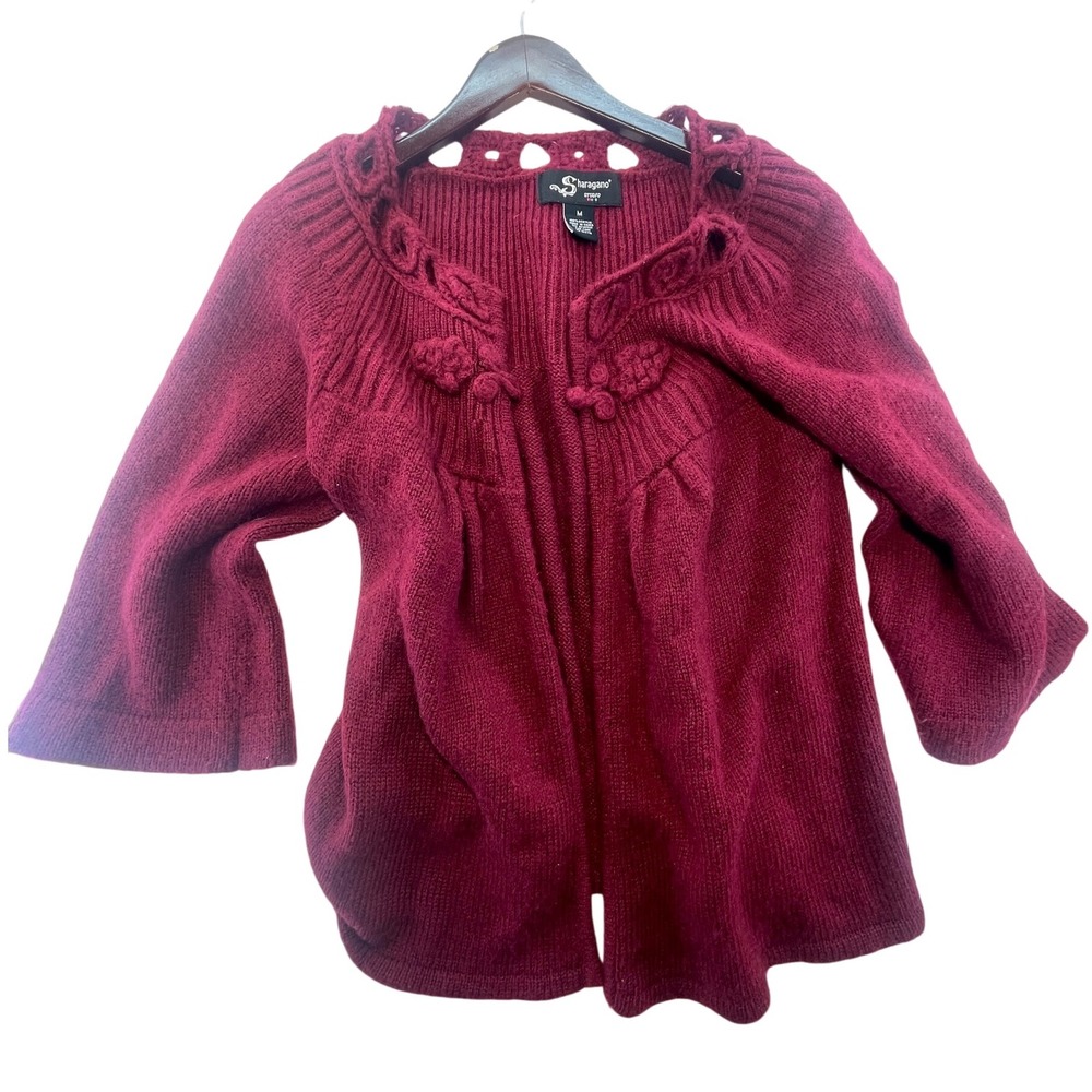Sharagano Studio Knit Cardigan Open Front Bell Sleeve Acrylic Burgundy M women's